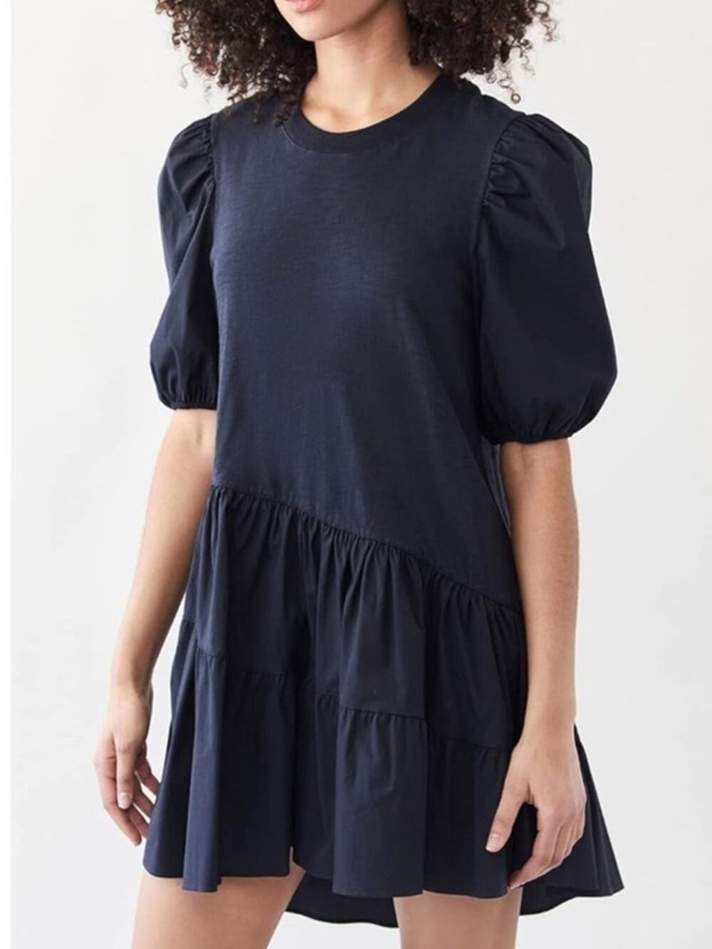 Cinq à Sept Caitlin Navy Puff Sleeve Tiered Asymmetrical Mini Dress S